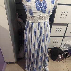Fashion Nova Blue and White Pleated Halter Maxi Dress